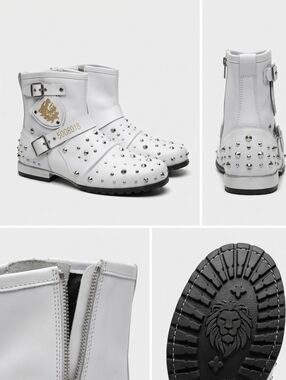 White Studded Men's Ankle Boots with Buckle Straps